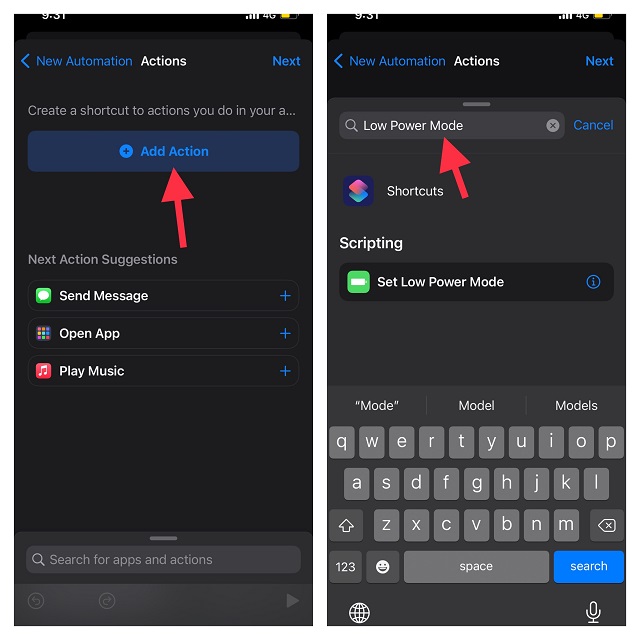 చర్యను జోడించు నొక్కండి మరియు తక్కువ పవర్ మోడ్ కోసం శోధించండి